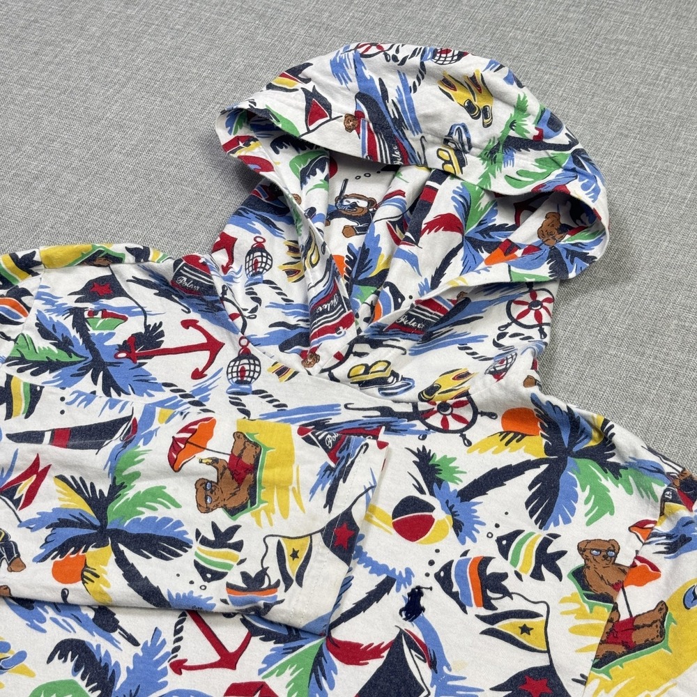 Polo Ralph Lauren Hoodie Boys Large 14-16 White Tropical Polo Bear Graphic Print